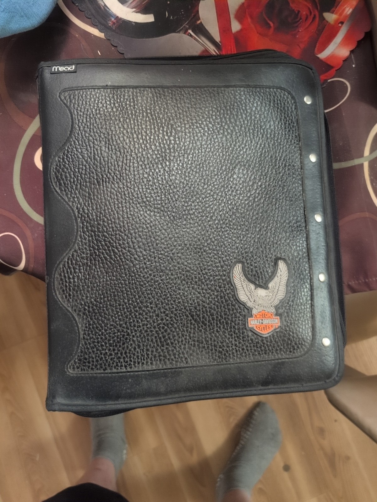 VINTAGE MEAD HARLEY-DAVIDSON Motorcycles Leather 3 Ring Binder With Pencil Case