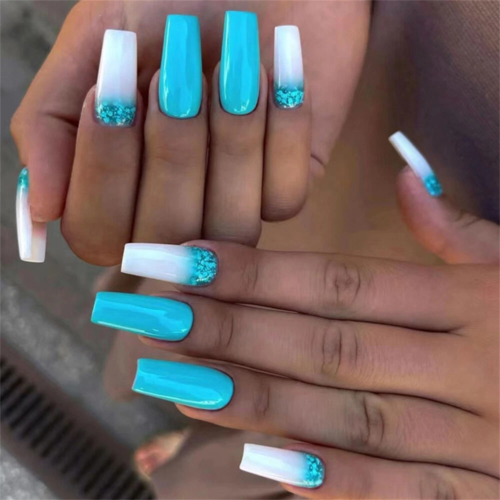Summer Sky Blue Glitter False Nail Coffin Long Press on Nails for