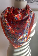 Vintage Women  s Scarf Orange, Blue, Yellow, Green Flowers 31  Square Hand Rolled