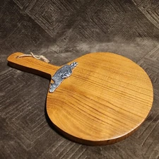 Round Solid Teak Wood Cheese Cutting Serving Board Pewter Mouse 15" x 10" 