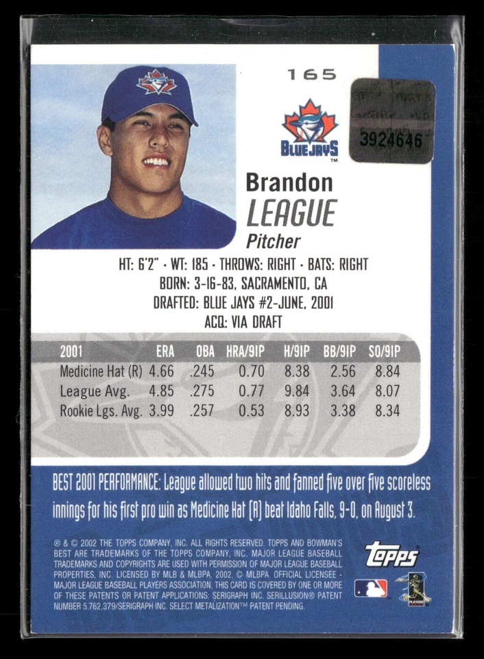 2002 Bowman's Best #165 Brandon League Auto Blue Jays - Image 2 of 2