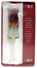 Glass RED ROSE Flower with Green Leaves Romantic Keepsake 5" NEW SEALED