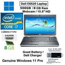 Dell E6520 Fast i7 2.20Ghz 512GB SSD, 8GB Laptop Office 15.6" HD New-WINDOWS 11