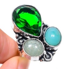 Peridot, Aquamarine Gemstone Handmade 925 Sterling Silver Jewelry Ring 7" P555