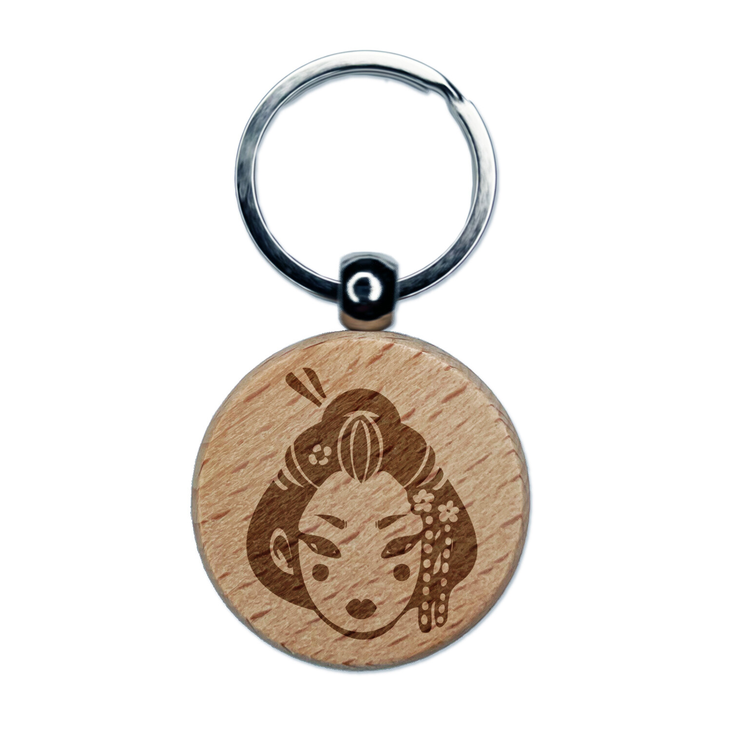 Japanese Geisha Woman Head Engraved Wood Round Keychain Tag Charm