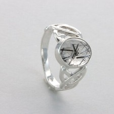Black and White Oval Rutilated QUARTZ Celtic Ring 925 STERLING SILVER 5e