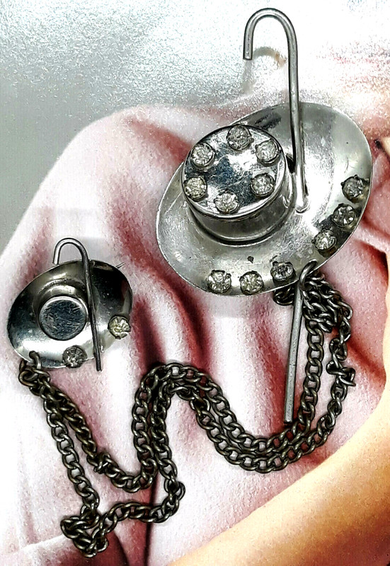 Vtg 40s Chatelaine  Rare Top Hat Cane Book Pies Rhinestone Brooch -Gorgeous! #23