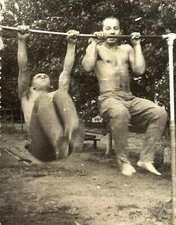1960s Two Shirtless Men Athletes Horizontal Bar Vintage Photo