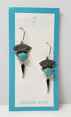 TAXCO 925 SILVER TURQUOISE Tribal Earrings by Guillermo Arregui MEXICO Signed