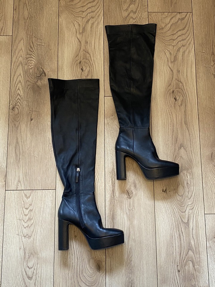 Zara Black Leather Over / On Knee High Leg Heel Boots UK 5 EU 38 US 7.5