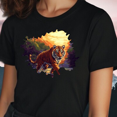 Women Tiger Pixel Art Motif Cotton T-Shirt Size S to 3XL
