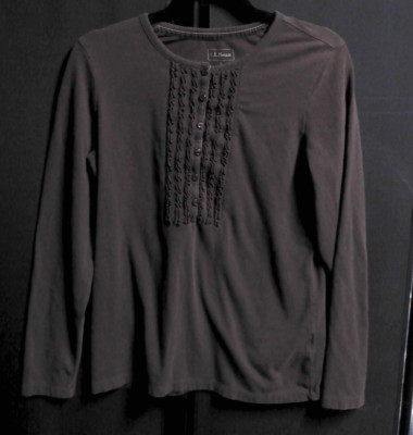 LLBEAN DARK BROWN LONG SLEEVE RUFFLE BODICE TEE SIZE SMALL