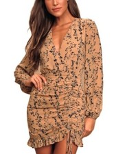 Lulus One True Love Floral Print Mini Dress Size Small Camel Ruched Long Sleeve