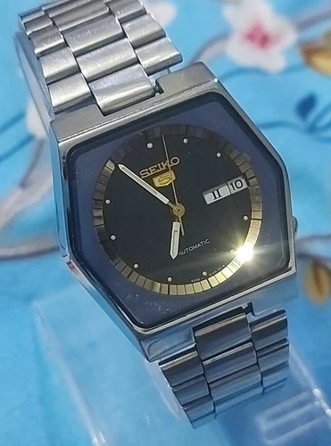 Vintage Seiko 5 Automatic Men Watch Blue Dial Day/Date Movt.6309 All Steel Japan