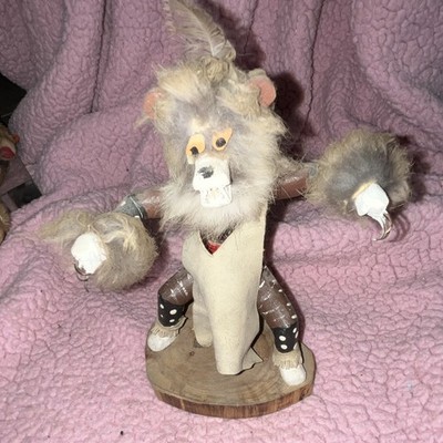 Native American Animal Kachina-Style Doll Figurine w/ Fur Hair, Wooden Base