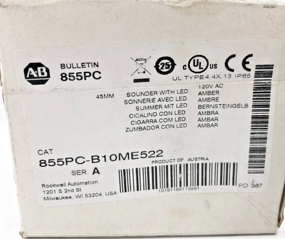 Nuevo Allen Bradley 855PC-B10ME522 Ser. Una sonda con LED ámbar 120 VCA Foto 2 de 4