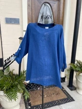 HLT453 Navy XLarge NWT Match Point Linen Shirt Blouse Roll Tab Sleeve Top Blue