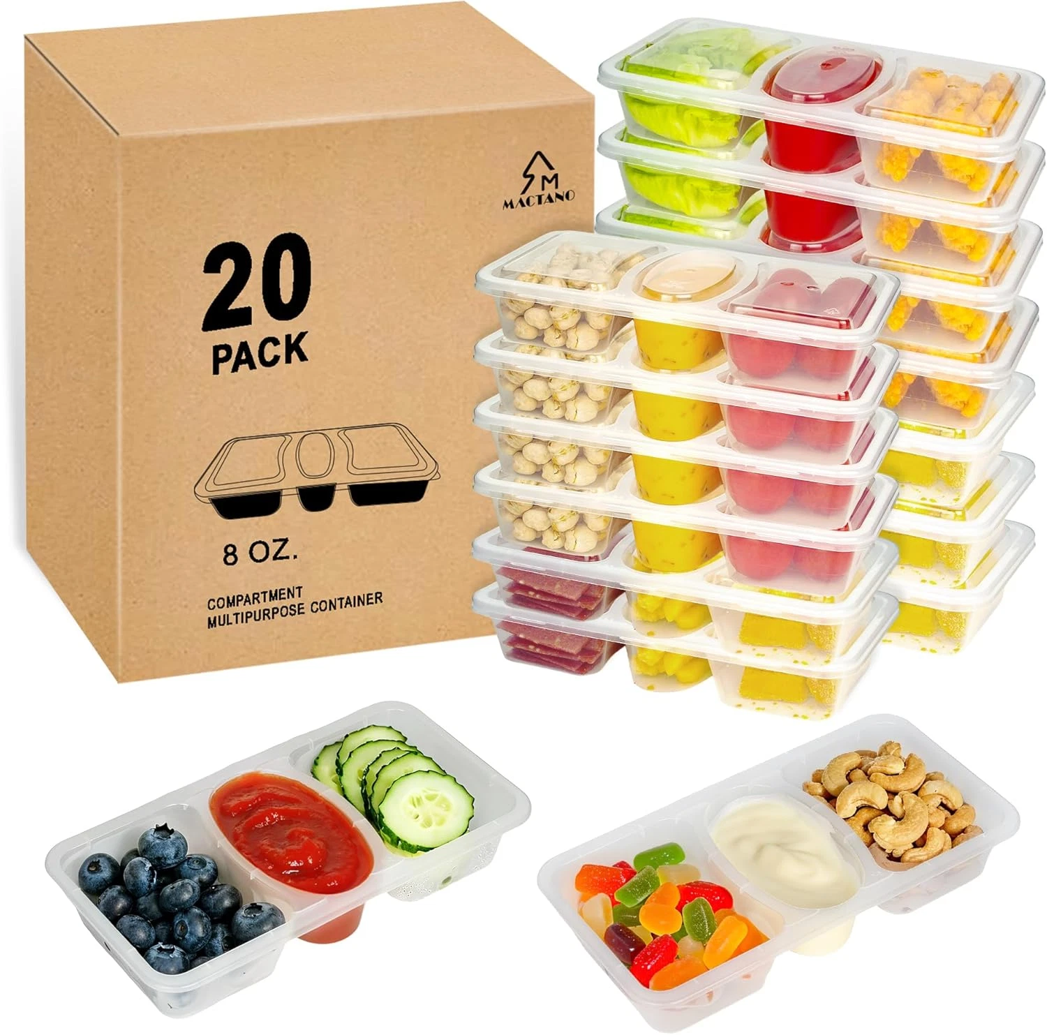 8 OZ Reusable Snack Containers with Lids, New 3 Compartment Condiment Snack Pack