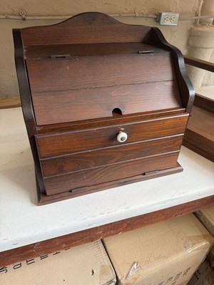 Vintage Dark Wood Bread Box with Storage Drawer and Ceramic Knob
