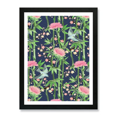 Bambus Vögel und Blüten türkis gerahmtes Wandbild Poster Leinwanddruck Bild