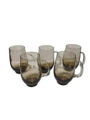 Set of 5 Libbey Smoke Glass Mugs with Clear Handles 12 oz Vintage Mid Century...