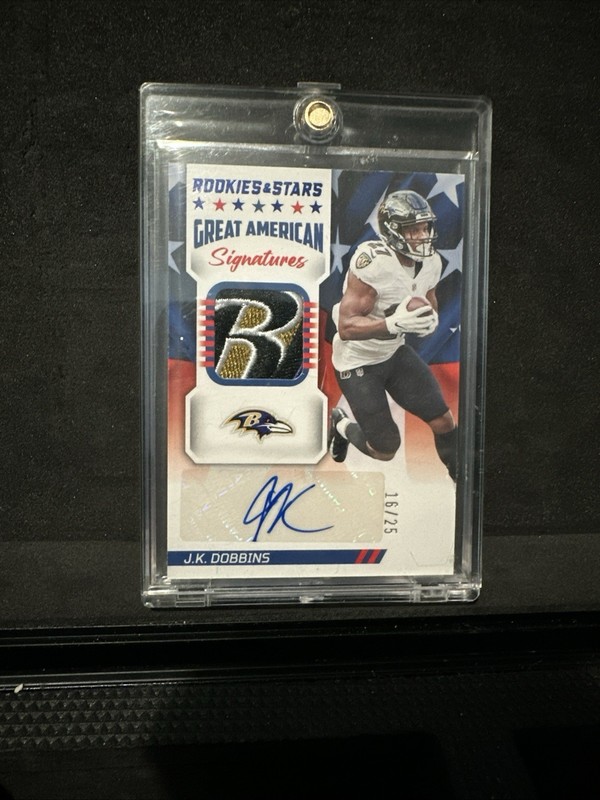 2022 Rookies & Stars Great American JK DOBBINS Auto Jersey Patch /25 Ravens Logo