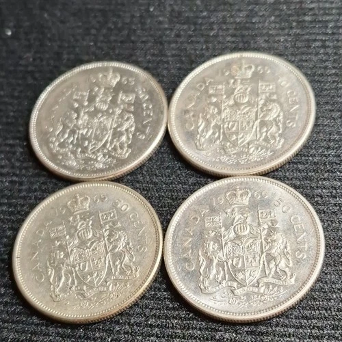 Four Canada Silver 50 Cent Coins Lot Elizabeth II two 1965, two 1966. Circulated