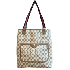 Old GUCCI Sherry Line Shoulder Tote Bag GG PVC Leather Brown Authentic 0159