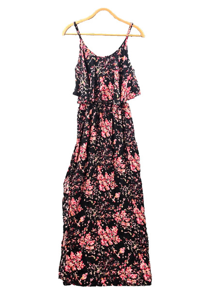 Ally Dress Womens Maxi A-line Size XS Black Pink Floral Sleeveless Scoop Neck