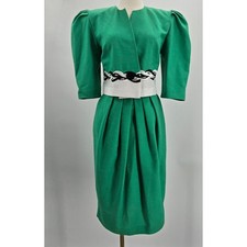 Cynthia Marty Vtg 80s Embroidered Puff Sleeve Top Pleated Midi Skirt Suit Set 6