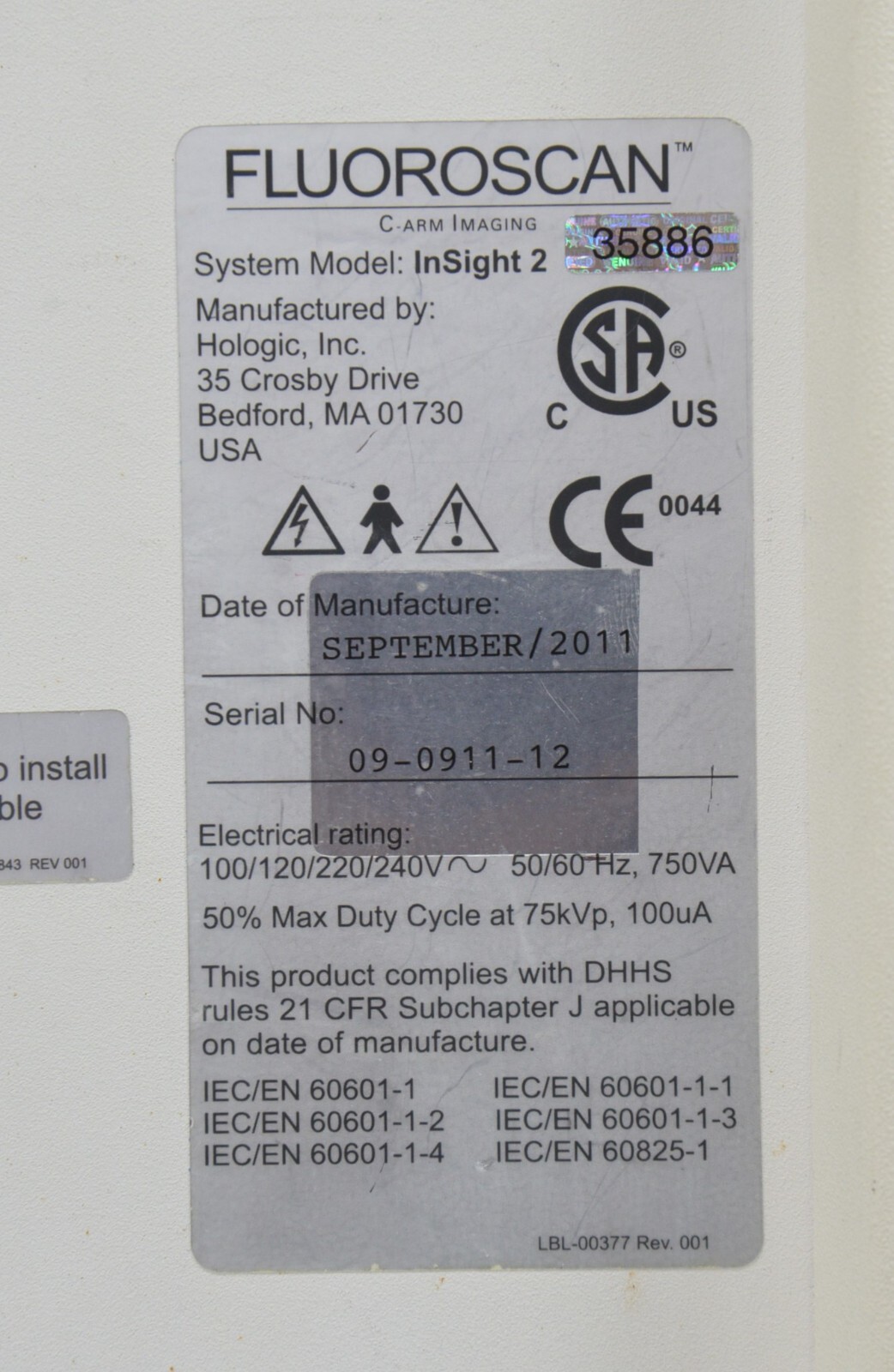 2011 Hologic Fluoroscan InSight 2 C-Arm Imaging System w/Wireless Footswitch