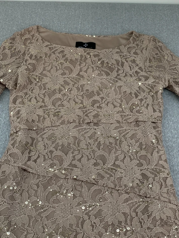Vestido Ronni Nicole Encaje En Niveles Lentejuelas Talla 4 Taupe Formal Boda Madre de la Novia Foto 3 de 4