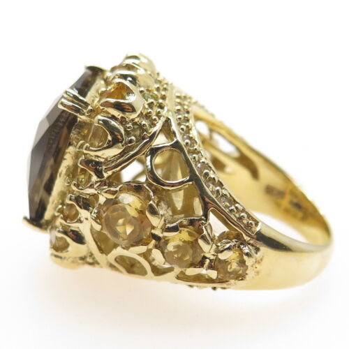 925 Sterling Silver Gold Plated Real Smoky Quartz & Citrine Ring Size 7 - Picture 6 of 9
