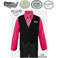 Boys Suit Vest Pants Set Fuchsia Shirt Tie Pinstripe. Ni o pantalon camisa chale