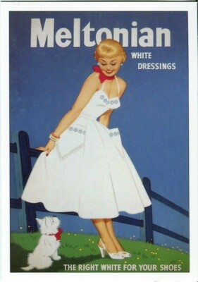 Frau in weiß Scotty Hund Repro Meltonian Werbung moderne Postkarte Opie