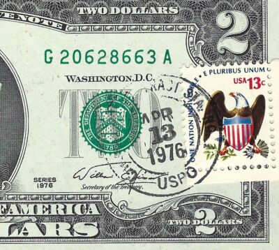 1976 $2 FRN First Day of Issue - Gem Uncirculated - CANCELLED STAMP - 13c Stamp