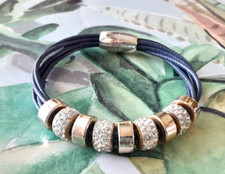 Vintage Blue Multi Vegan Leather Cords Silver Tone Rhinestone Magnetic Bracelet