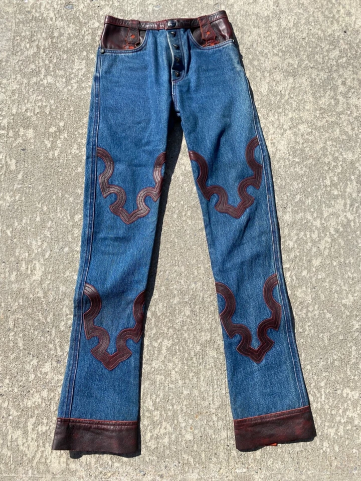 Calça jeans Skkin couro genuíno personalizada OOAK feita à mão artesanal P