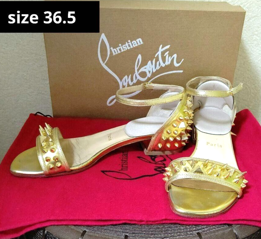 Christian Louboutin Sandals Studs Gold Size 36.5 US 6.5 With Box