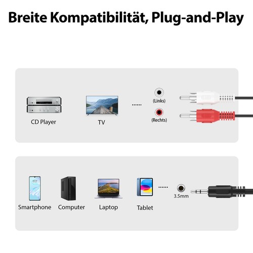 5m Cinch zu 3,5mm Klinke AUX Audio-Kabel | 2x Cinch RCA Stecker auf Klinke - Bild 2 von 7