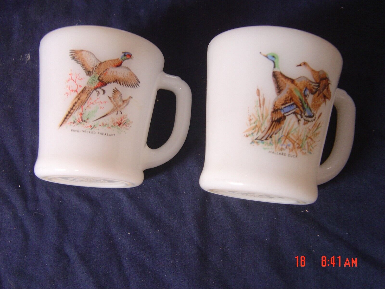 (2) Vintage Anchor Hocking Fire King Milk Glass CUPS PHEASANT/ DUCK DESIGN