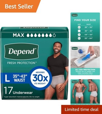 Maximum Protection Grey Incontinence Underwear for Men - 17 Count, Large Size