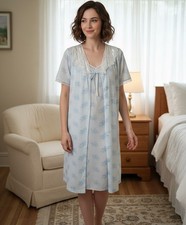 Vintage Dreamcoats Nightgown Robe Set Blue Floral Print Lace Details Small