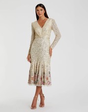 MAC DUGGAL Faux Wrap Long Sleeve Tea Length Dress SIZE 12 GOLD MULTI A5589 $578