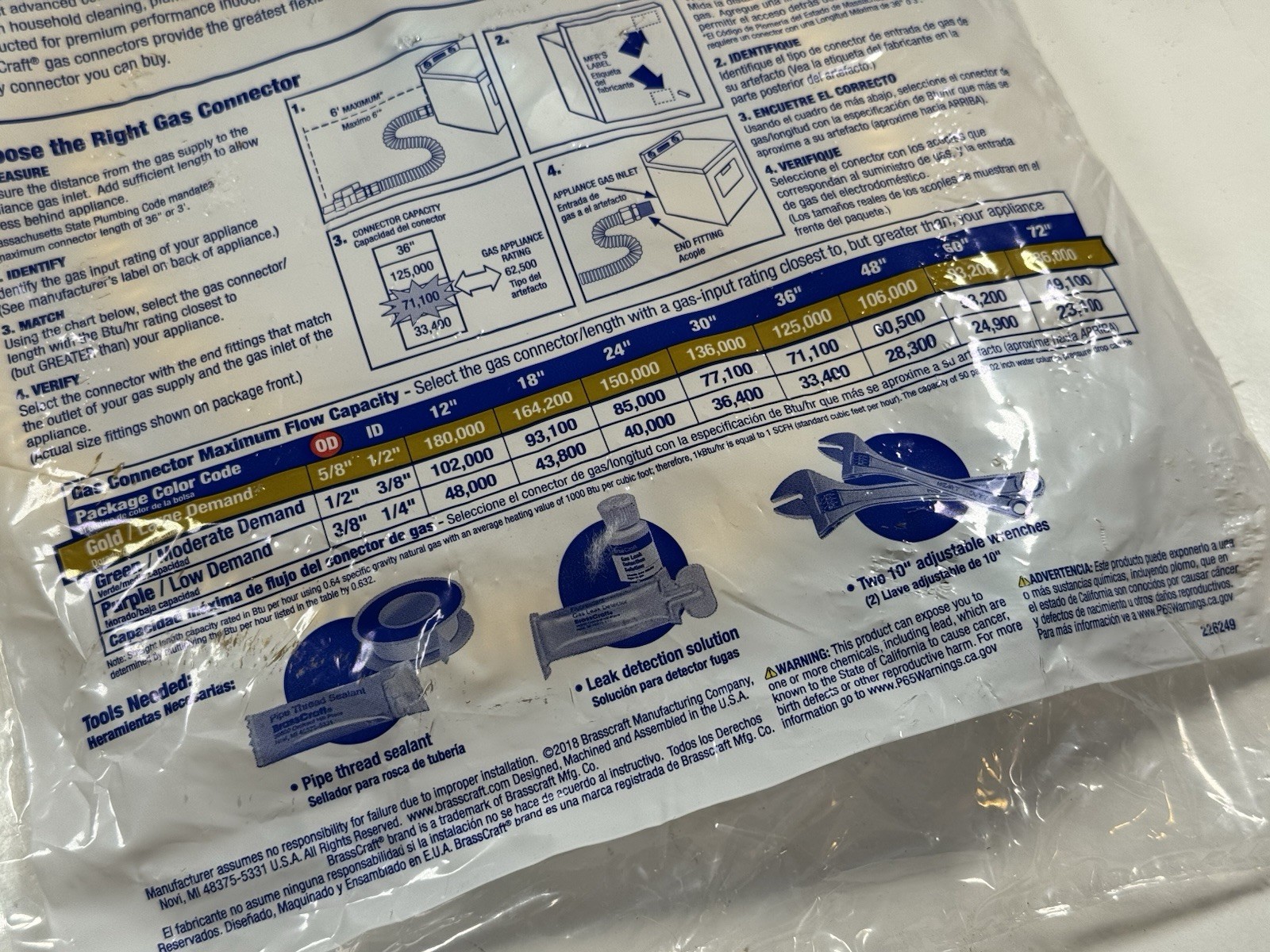 Brass Craft Gas Connector 5/8" OD x 48" Length CSSC44-48 - New