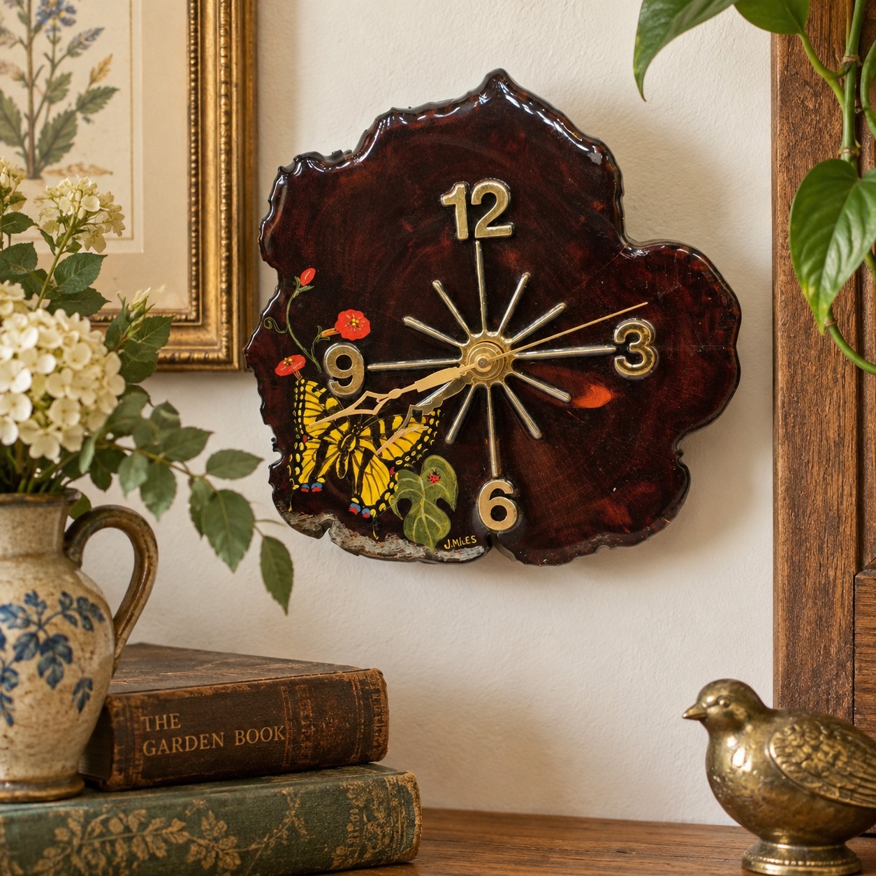 Vintage Burl Wood Slice Wall Clock Hand Painted Butterfly Flowers Signed J Miles