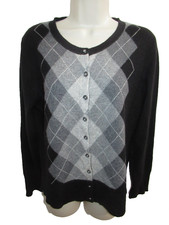 Apt 9 100 Cashmere Black Gray Argyle crew Neck Cardigan L