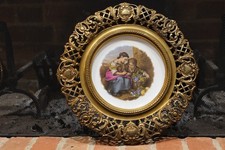 Antique French Gilt Brass Framed Bavarian Porcelain Pastoral Wall Plate c1900