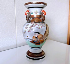 Porcelain 11.8 in Vase Samurai Cherry Blossom Kutani Antique Japanese Jar Pot