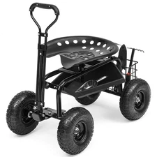 Rolling Garden Cart with 360° Swivel Work Seat, Adjustable Height, 10" Pneuma...